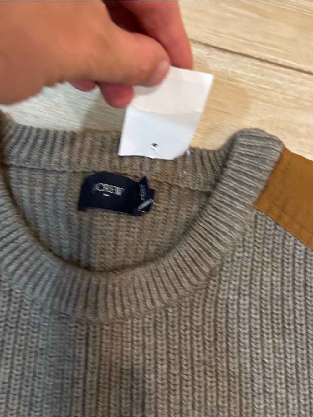 J.Crew Woodsman Sweater Leather Shoulder Patches Cotton Heather Fawn Large L NWT